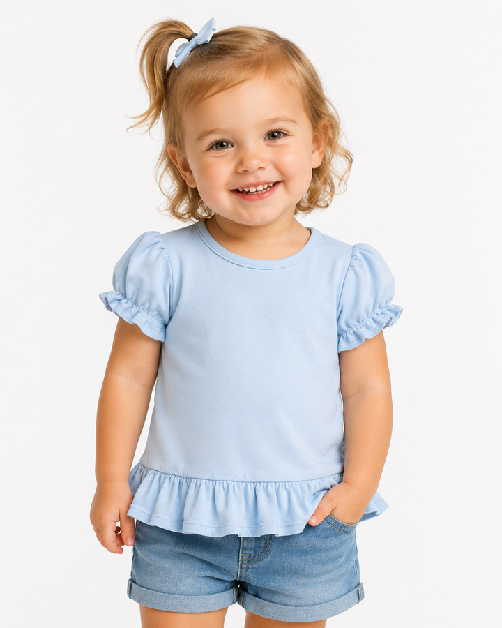 Light Blue Girl's Short Sleeve RUFFLE Shirts (95% Cotton 5% Spandex)