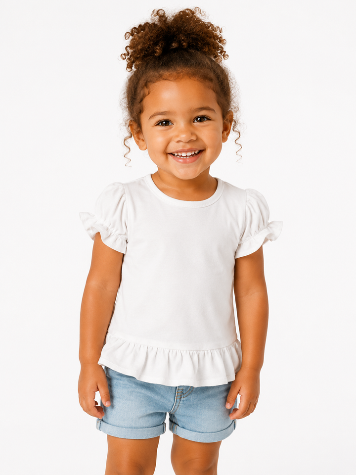 White Girl's Short Sleeve RUFFLE Shirts (95% Cotton 5% Spandex)