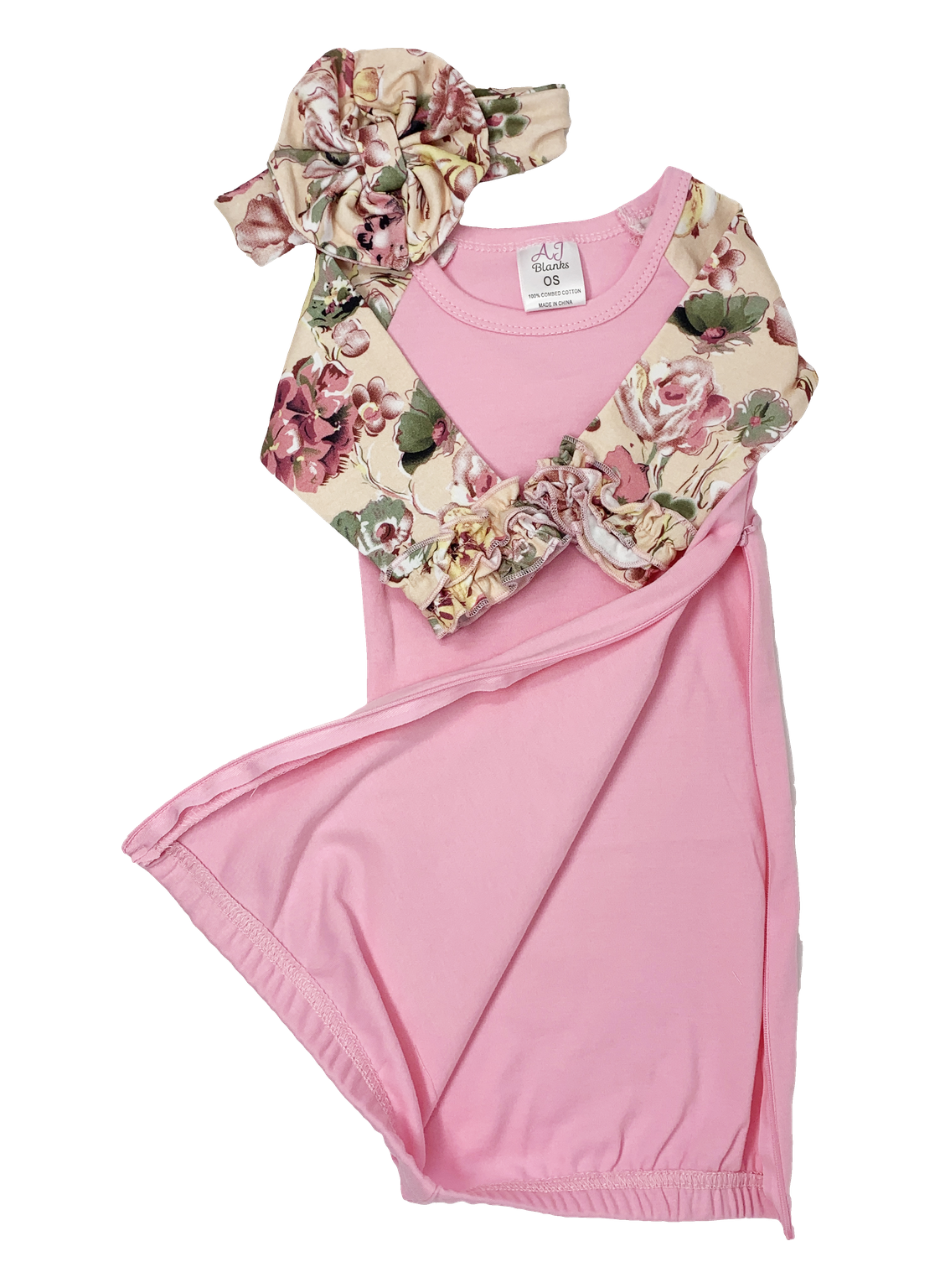 Pink Floral Baby Gown Headband Set with Hidden Zipper (Swatch Included)